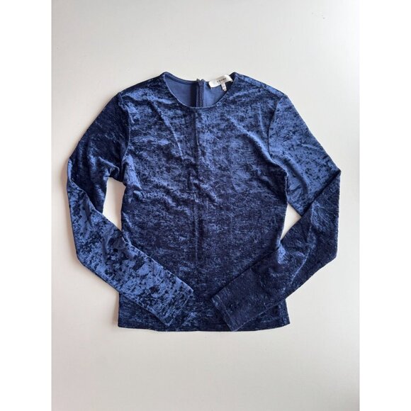 FRAME Navy Blue Scuro Crushed Velvet Long Sleeve Slim Fit Bodycon Top, Size M - Picture 3 of 8